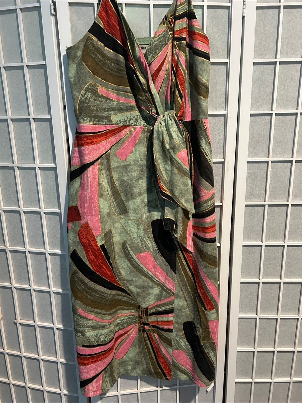 Abstract Wrap Midi Dress in Green, Pink & Black